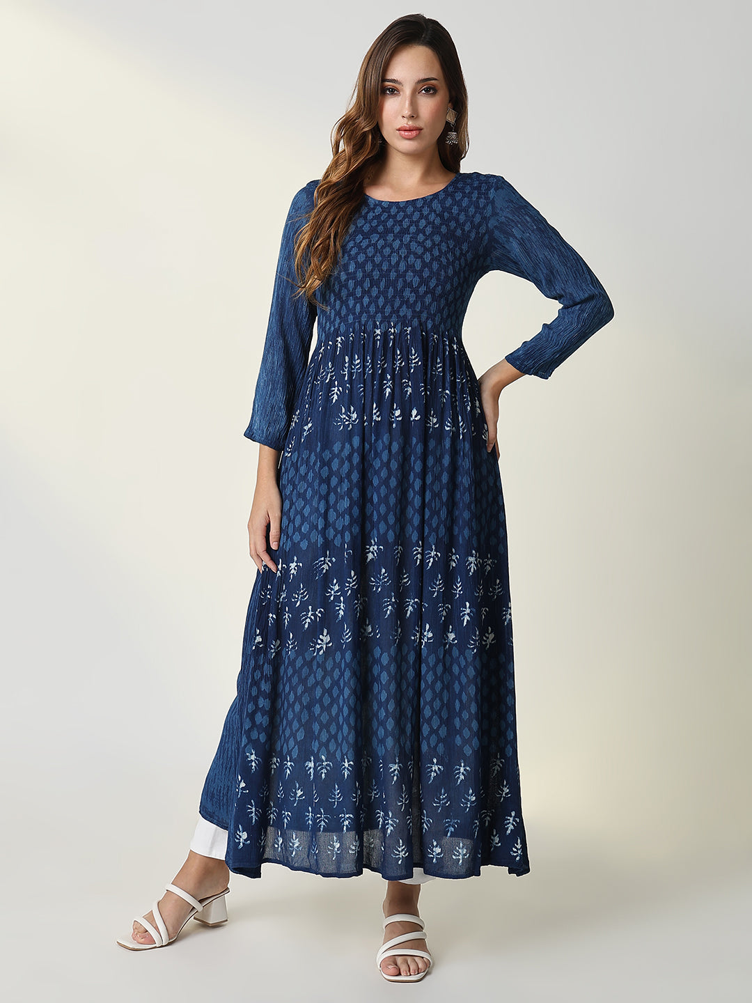 Women Navy Blue Graphic Anarkali Kurta