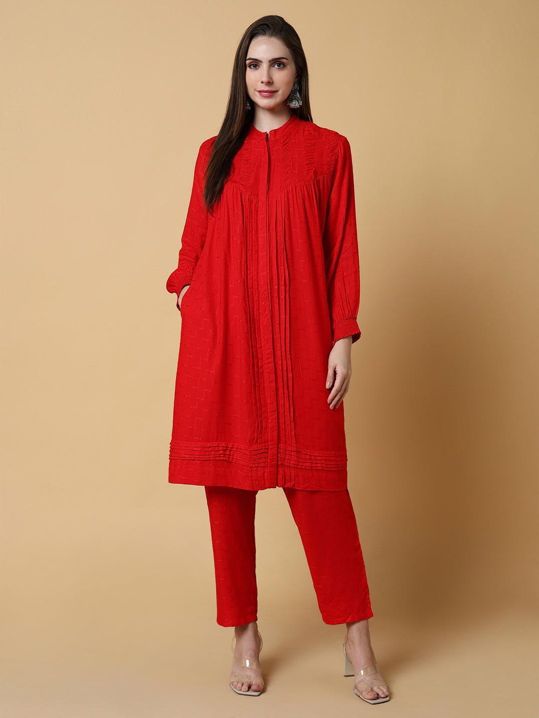 Women Solid Red A-Line Kurta Set