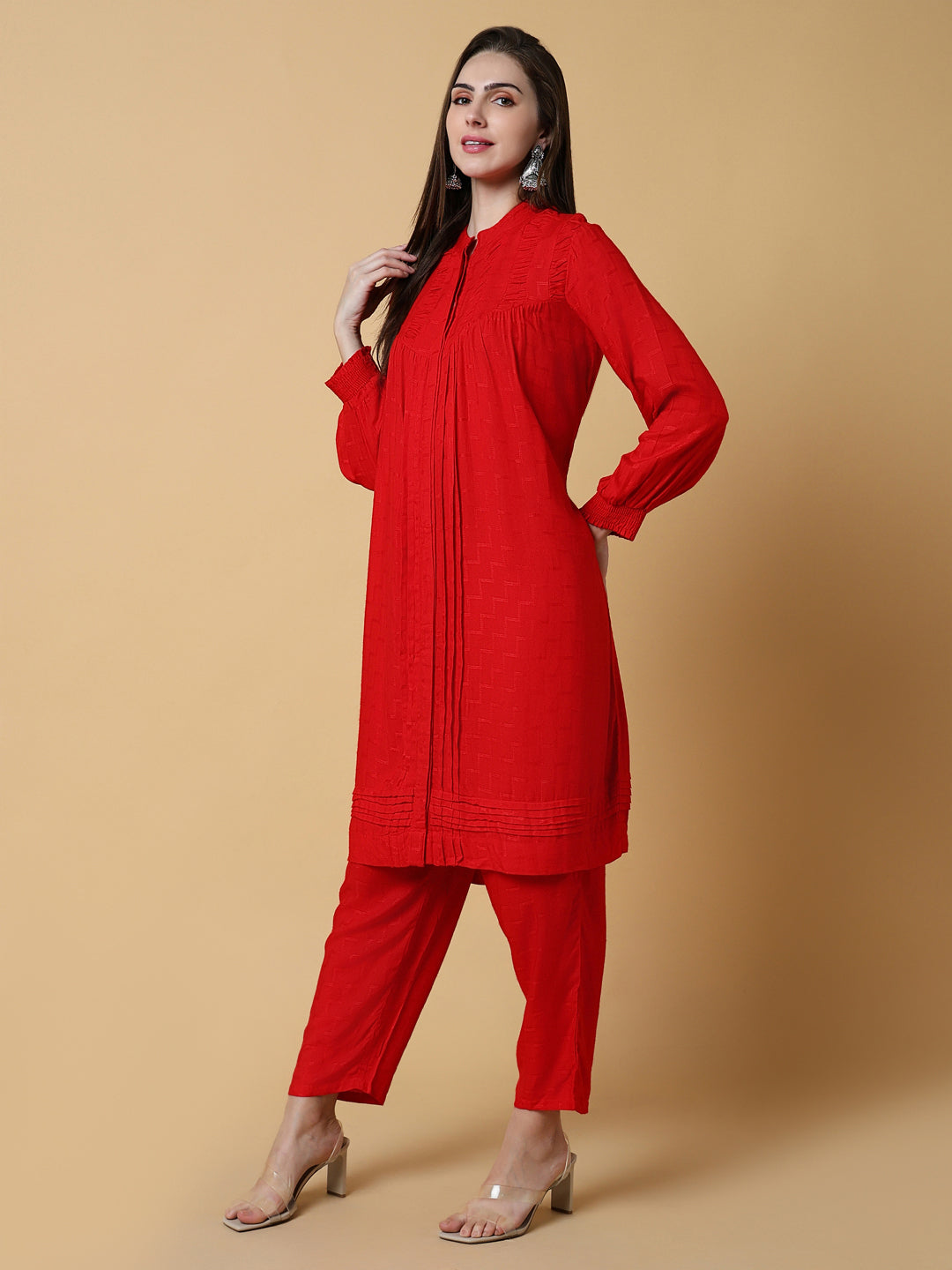 Women Solid Red A-Line Kurta Set