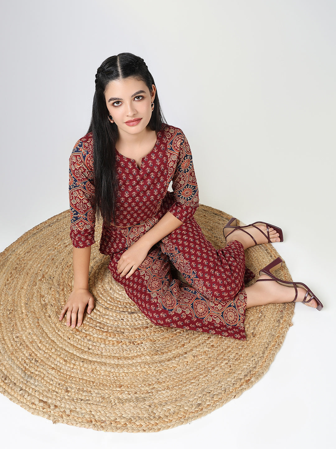 Women Maroon Jaipuri Print Co Ords Set