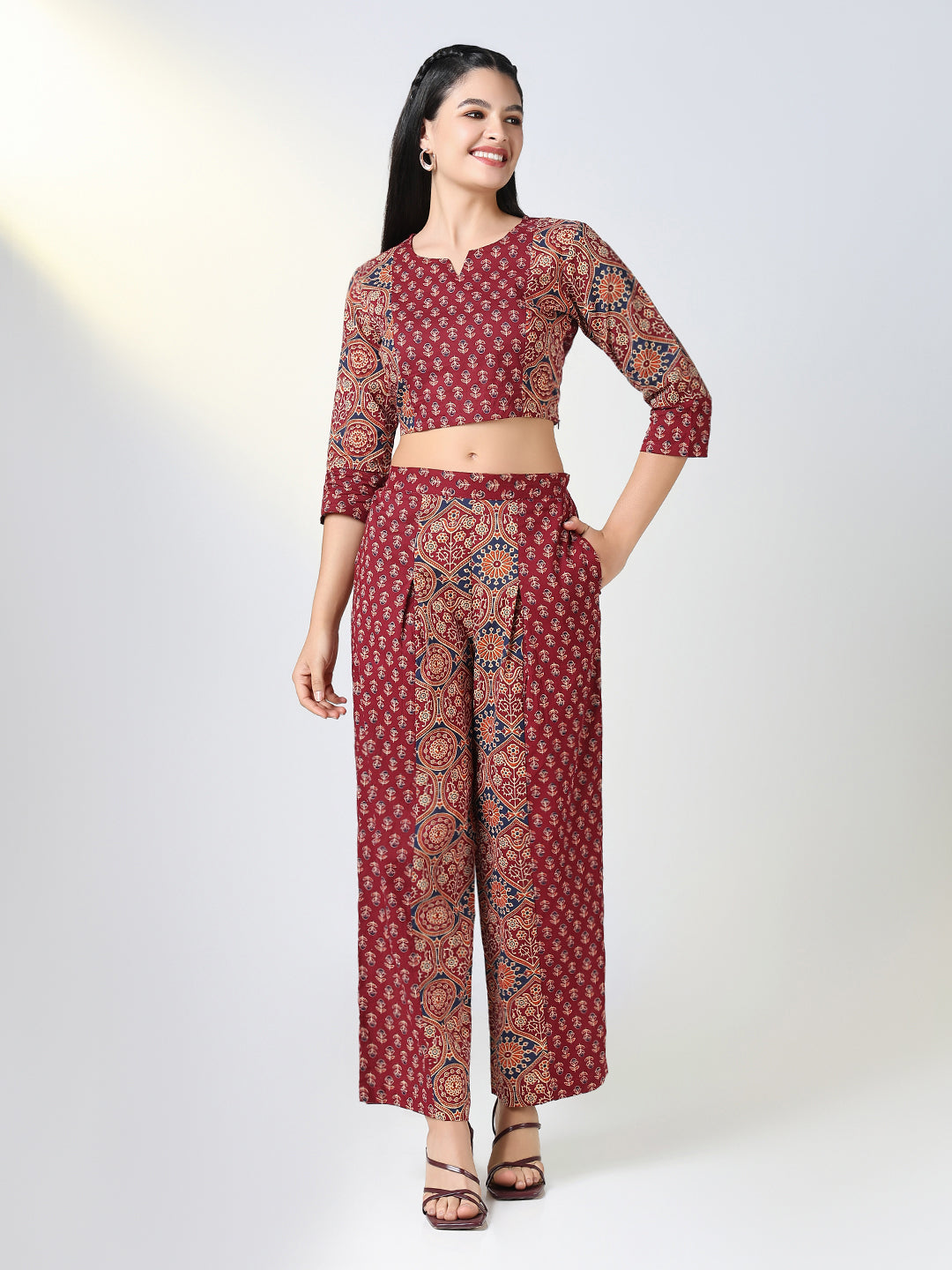 Women Maroon Jaipuri Print Co Ords Set