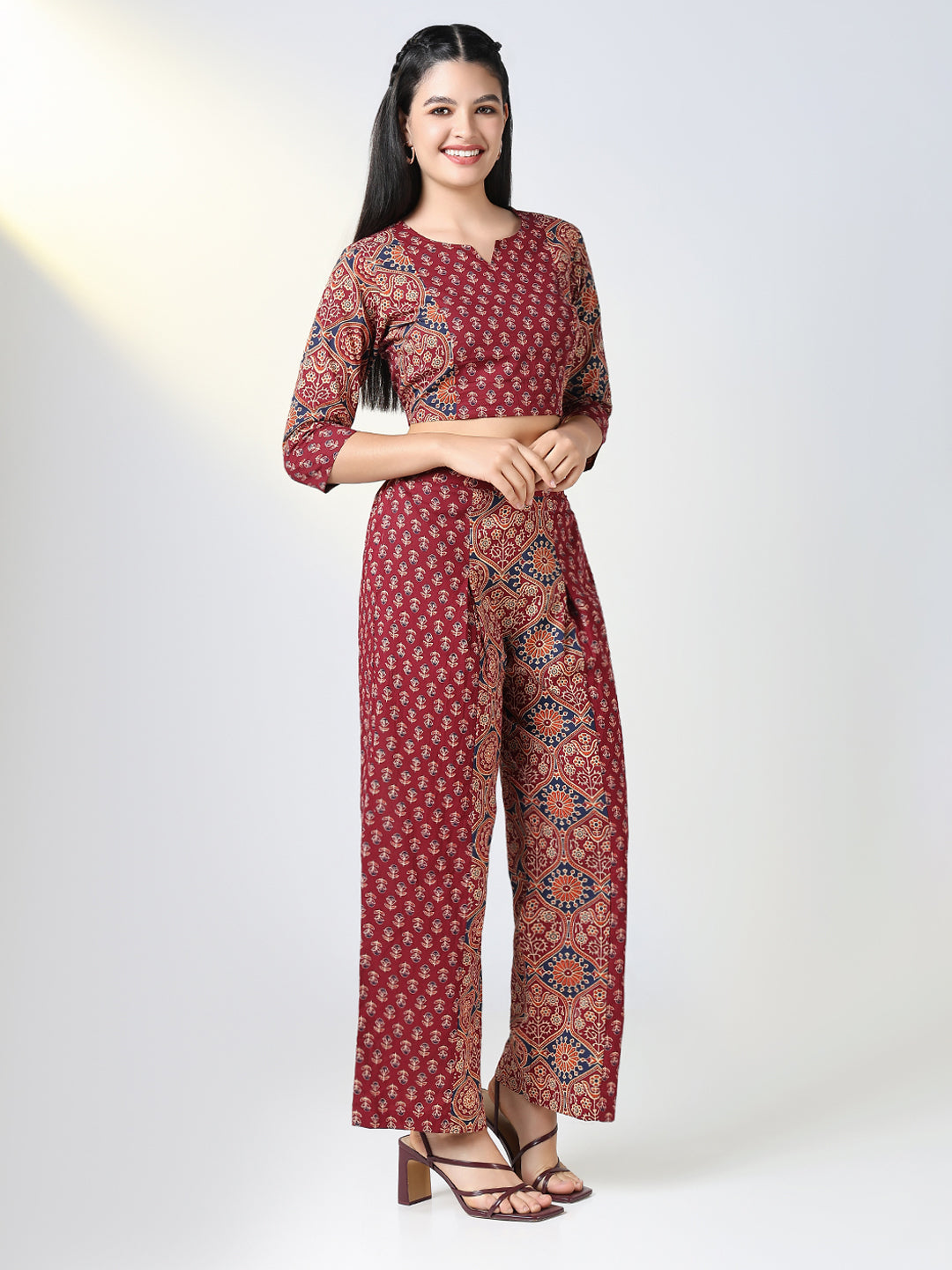 Women Maroon Jaipuri Print Co Ords Set