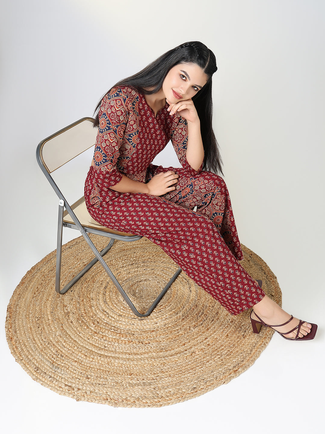 Women Maroon Jaipuri Print Co Ords Set