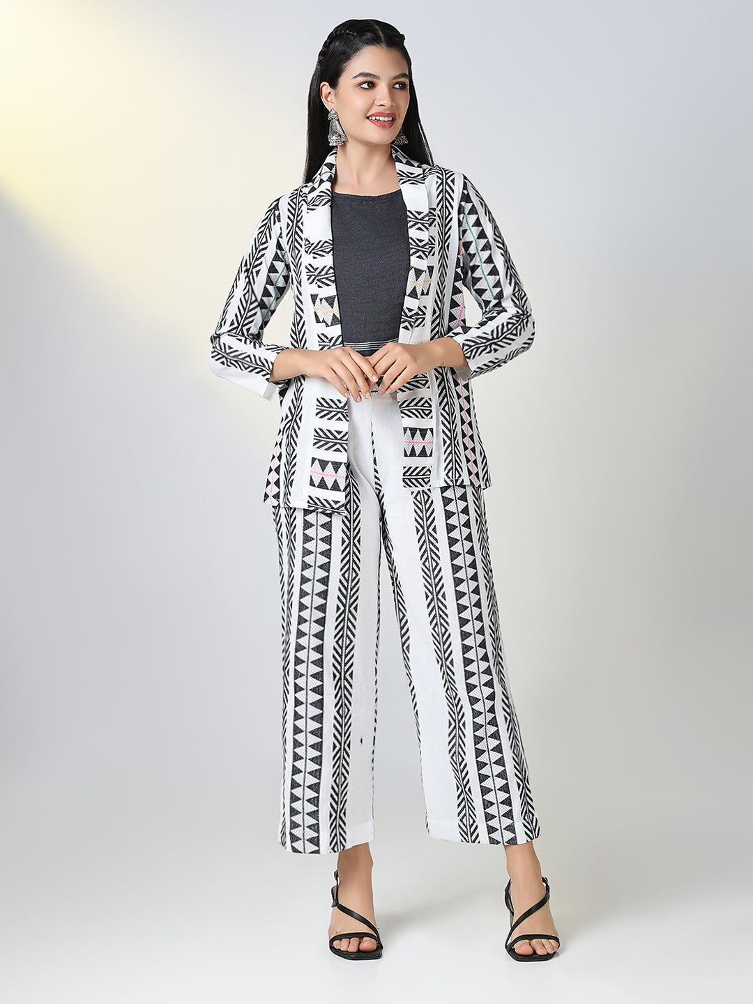 Women White Woven Design Co Ords Set with Blazer