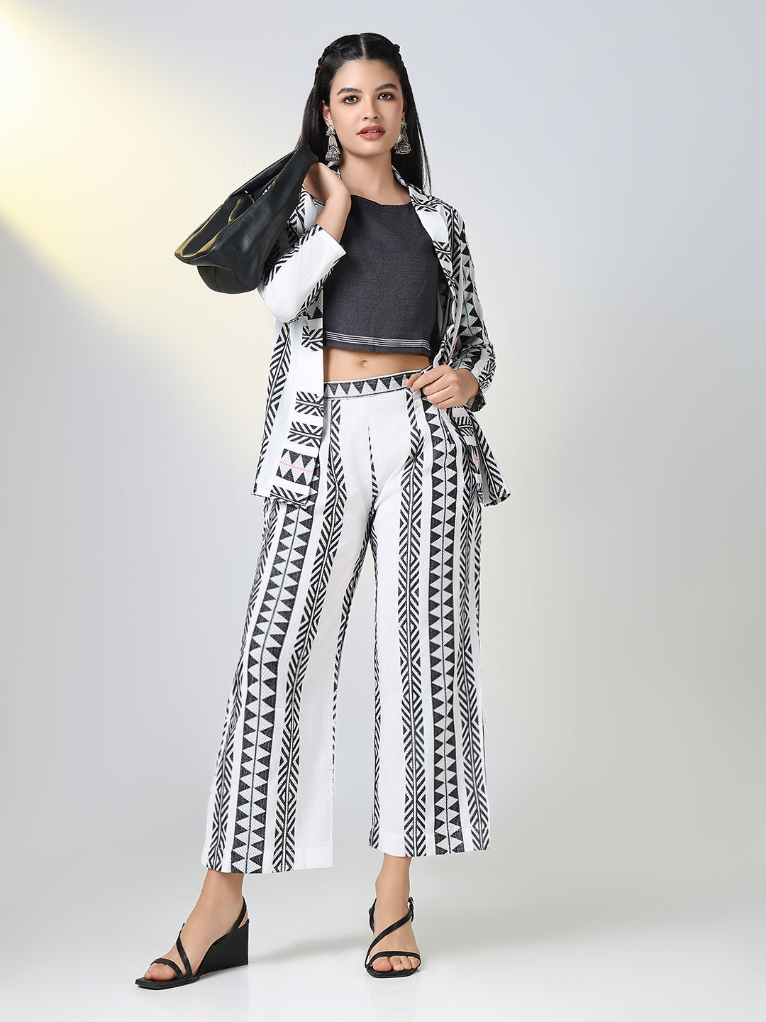 Women White Woven Design Co Ords Set with Blazer