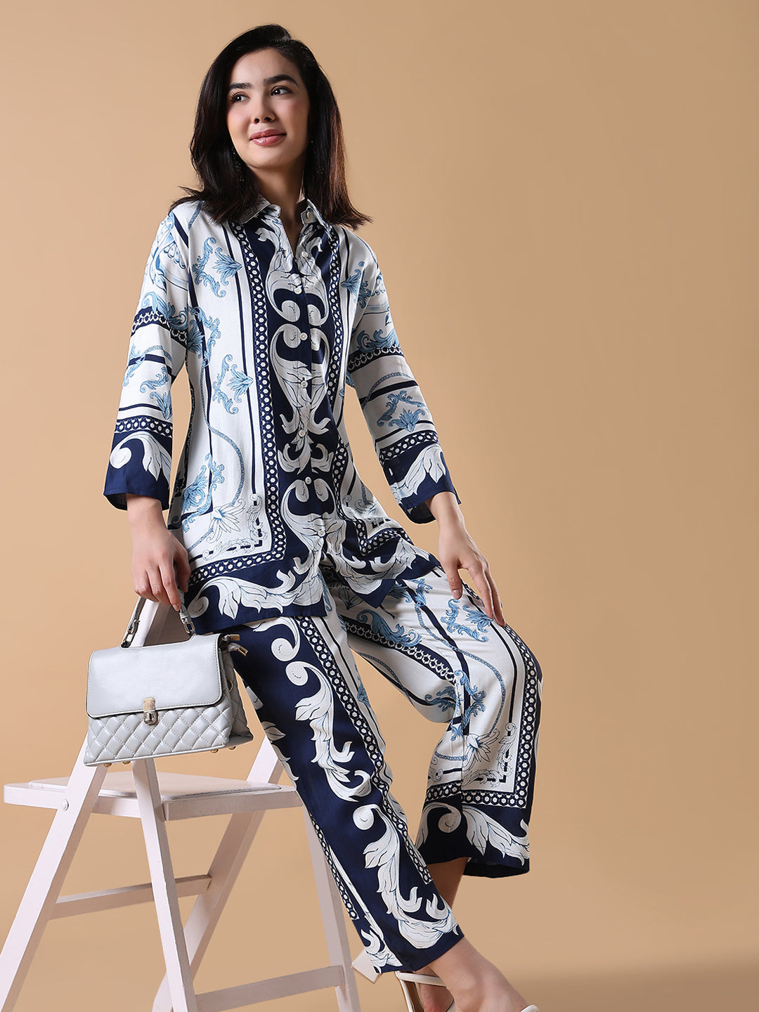 Women Navy Blue Printed Co-ords Set