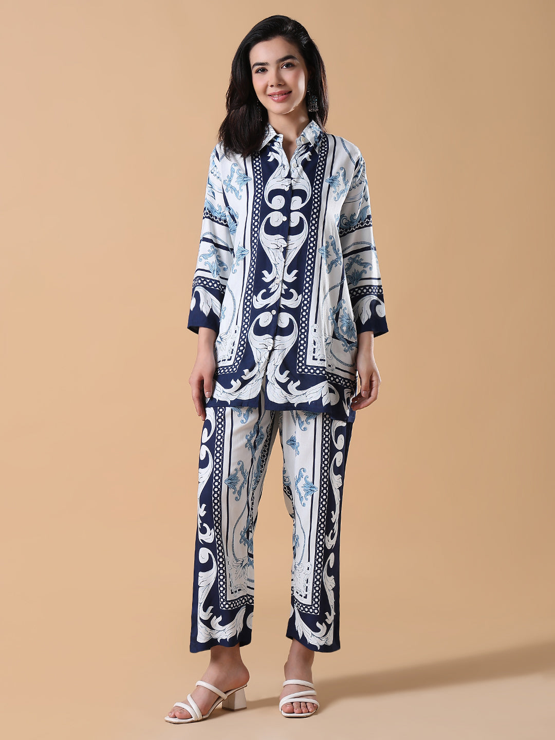 Women Navy Blue Printed Co-ords Set