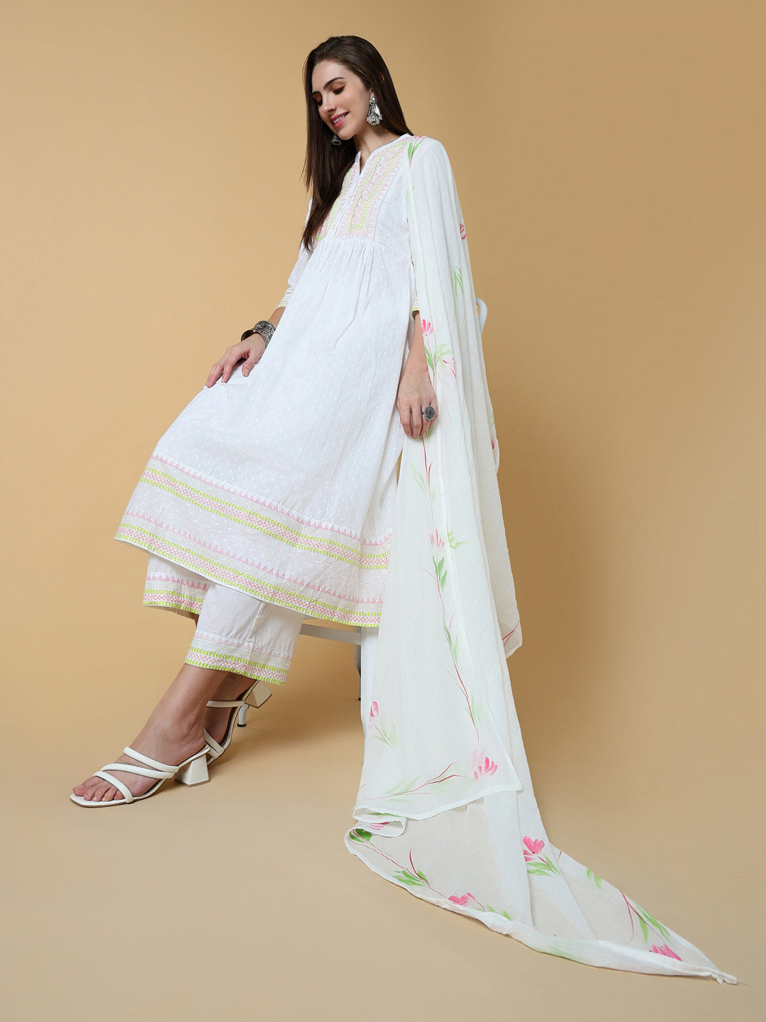 Women Solid White Anarkali Kurta Set