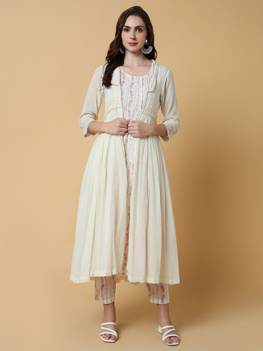 Women Floral Cream A-Line Kurta Set with Shrug