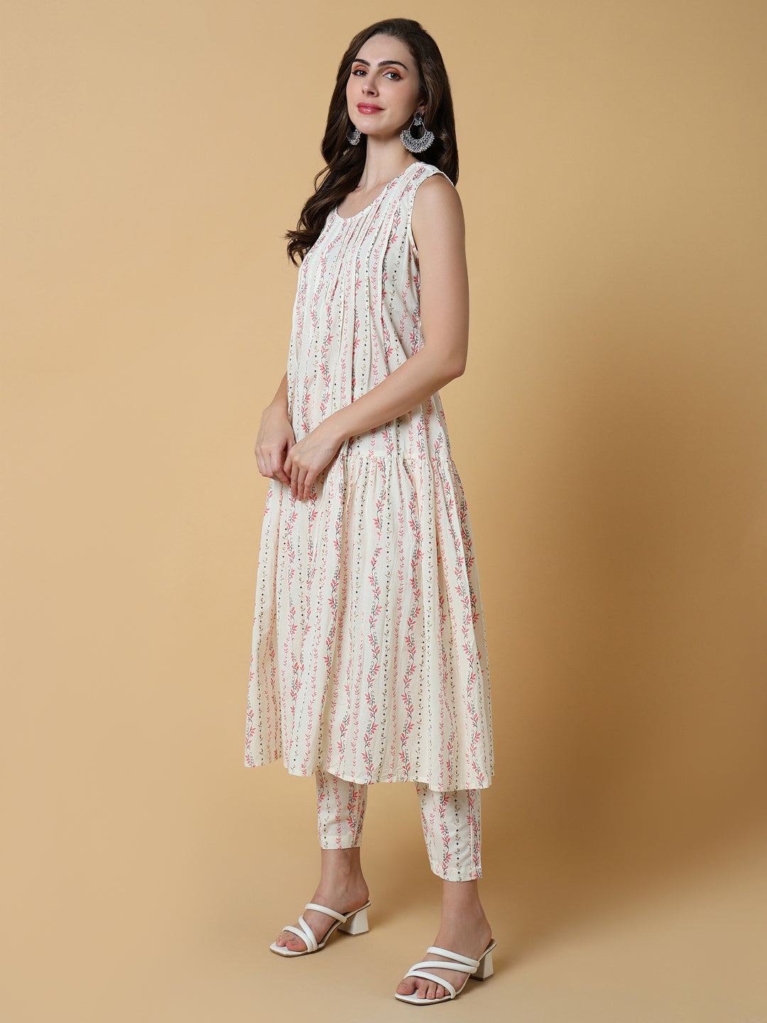 Women Floral Cream A-Line Kurta Set with Shrug