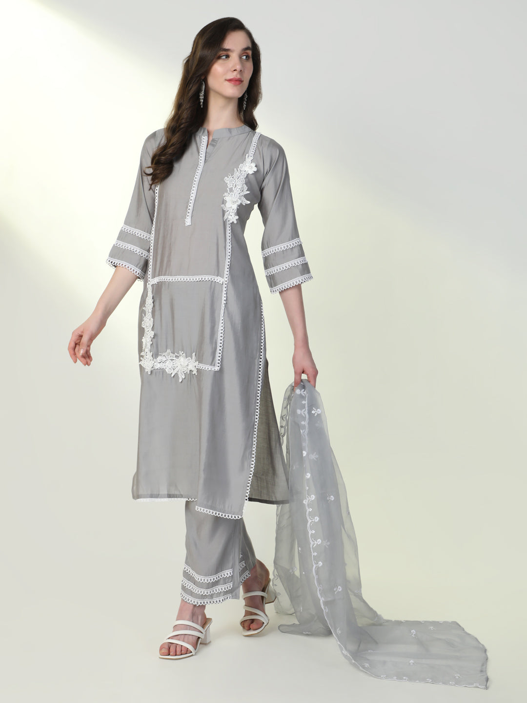 Women Grey Solid Kurta Set with Dupatta