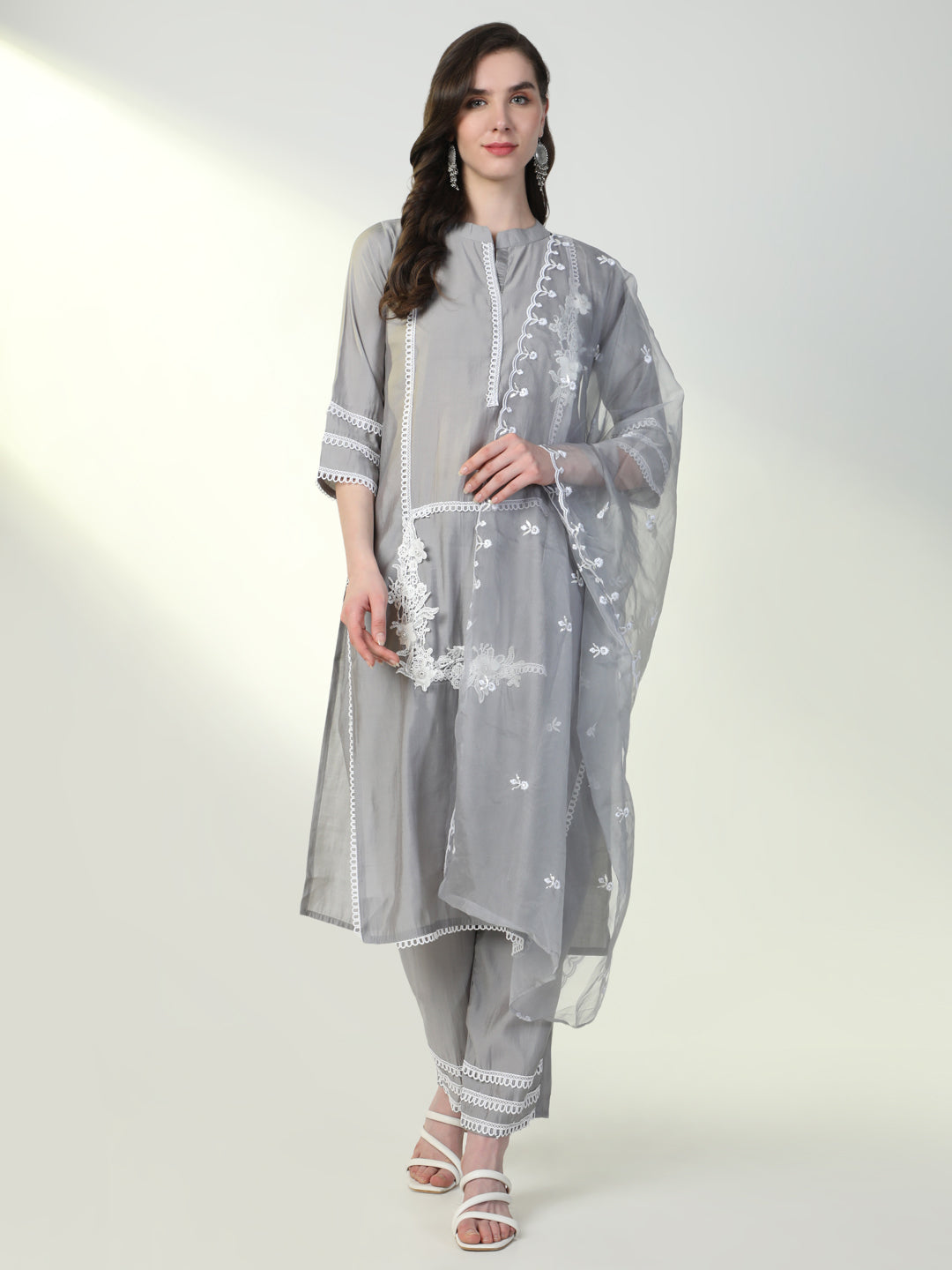 Women Grey Solid Kurta Set with Dupatta