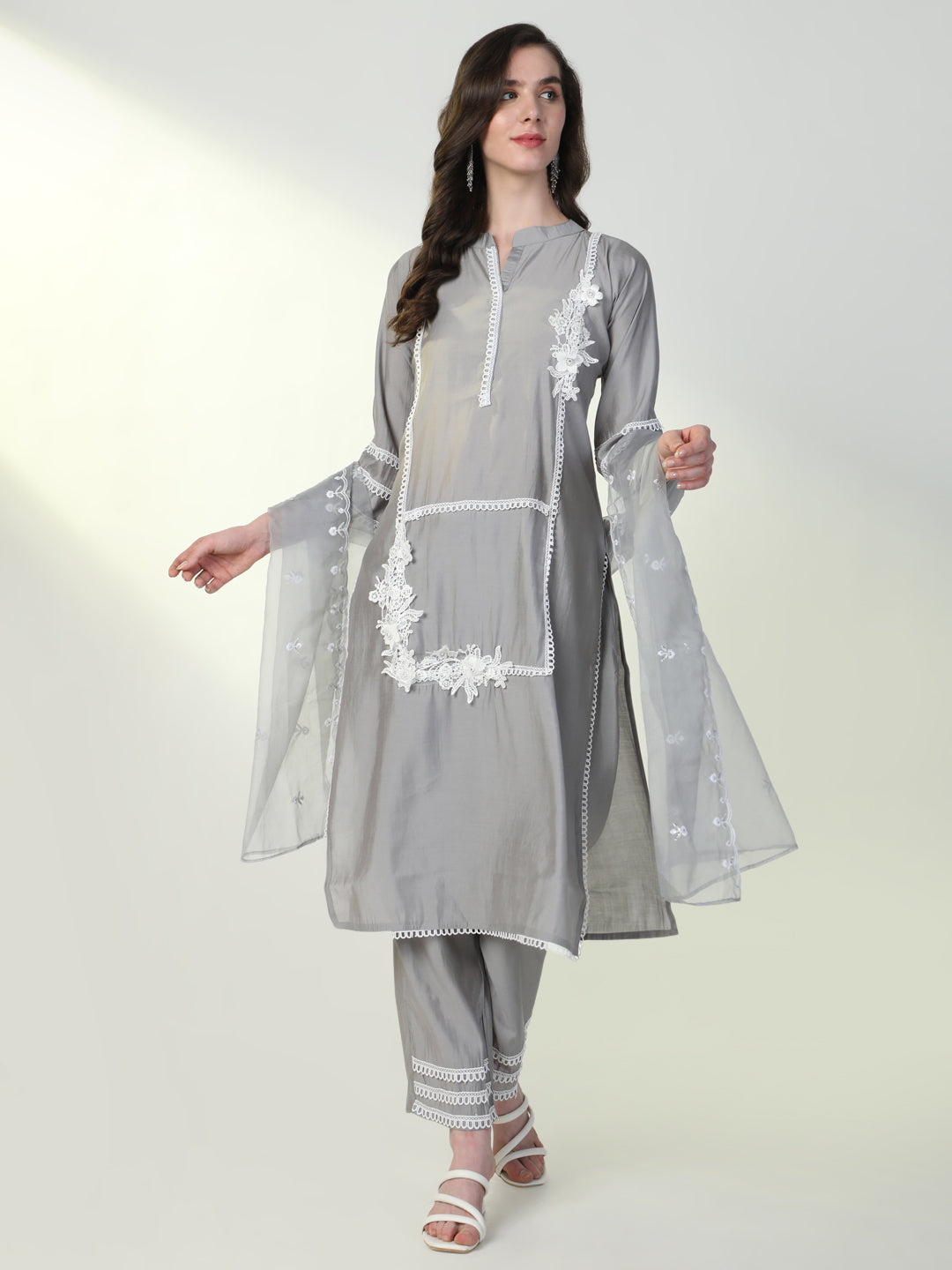 Women Grey Solid Kurta Set with Dupatta