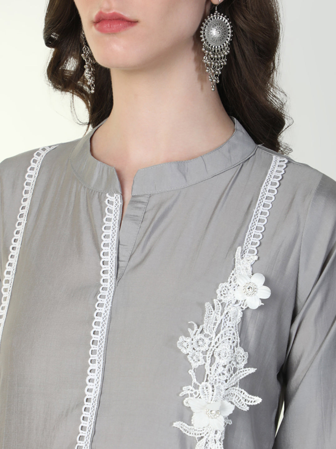 Women Grey Solid Kurta Set with Dupatta