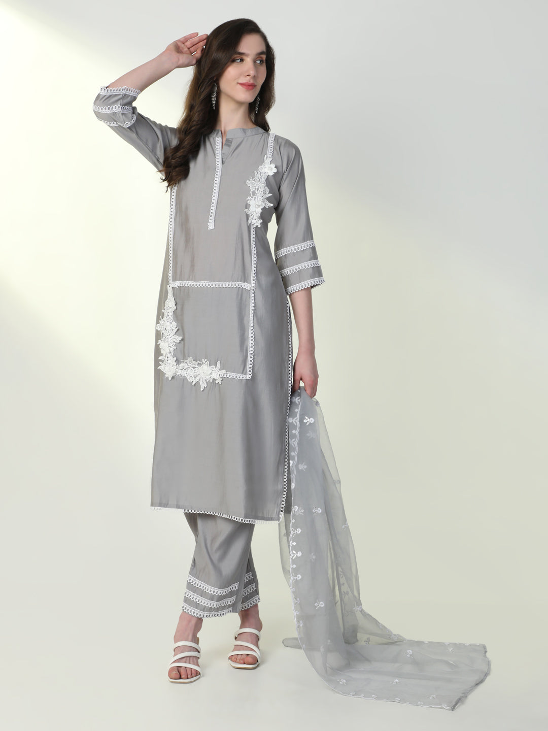 Women Grey Solid Kurta Set with Dupatta