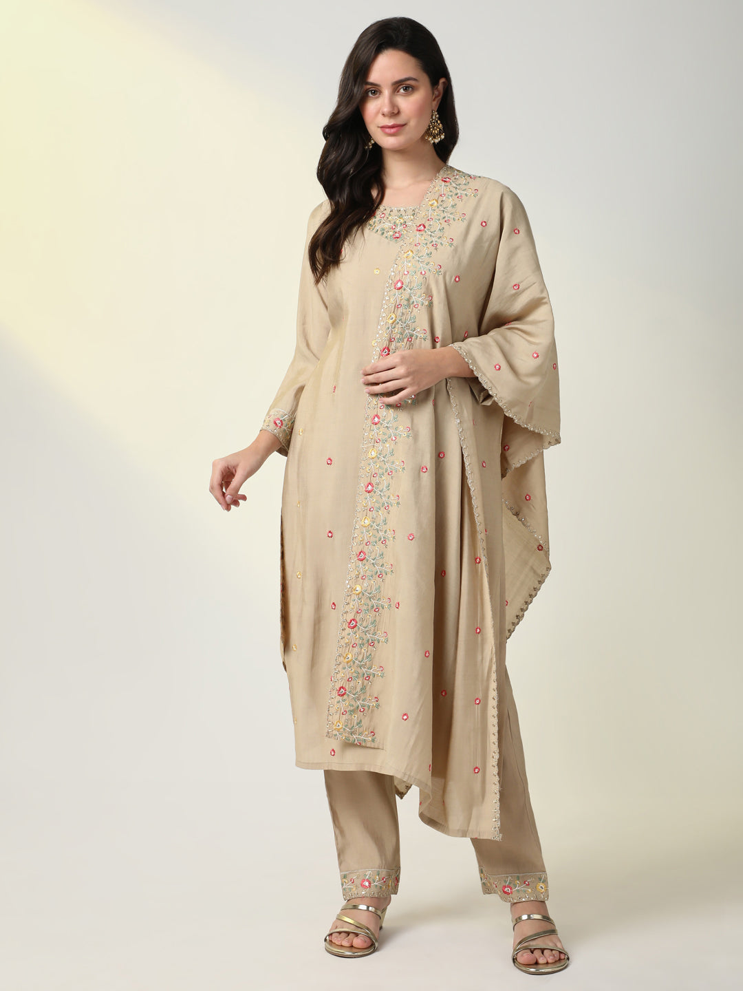 Women Beige Floral Kurta Set with Dupatta