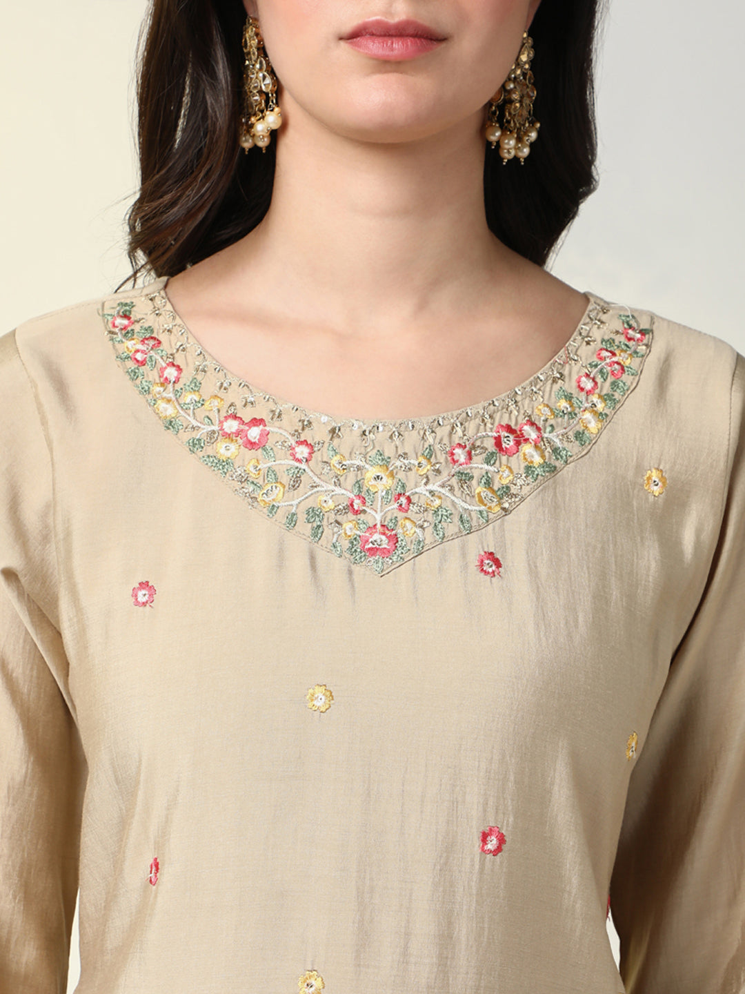 Women Beige Floral Kurta Set with Dupatta