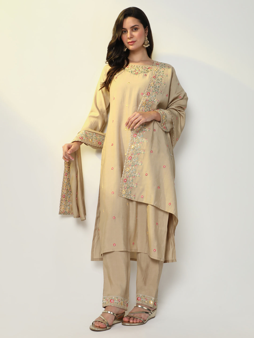 Women Beige Floral Kurta Set with Dupatta