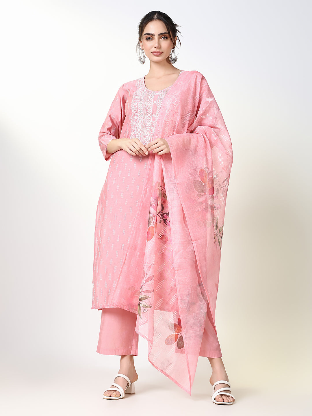 Women Printed Pink Straight Kurta Set with Dupatta