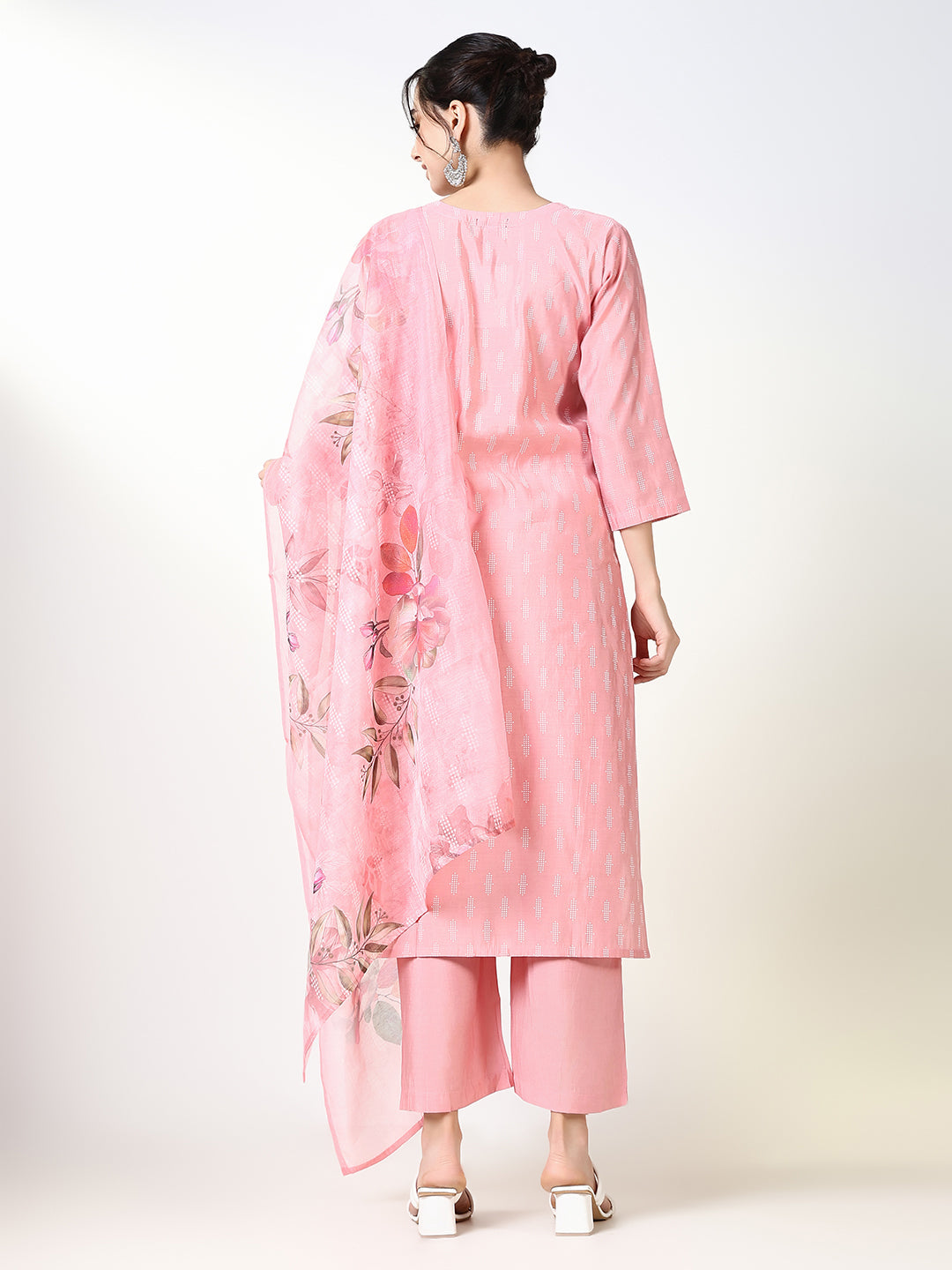 Women Printed Pink Straight Kurta Set with Dupatta