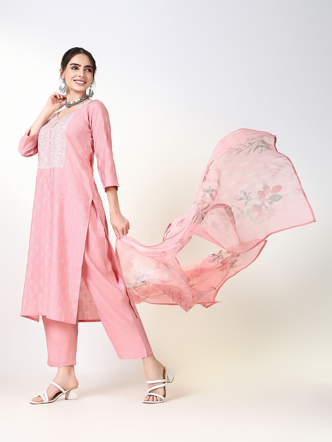 Women Printed Pink Straight Kurta Set with Dupatta