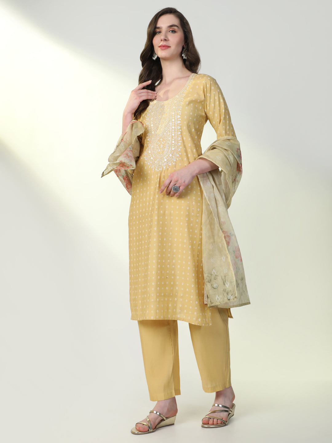 Women Yellow Graphic Kurta Set with Dupatta