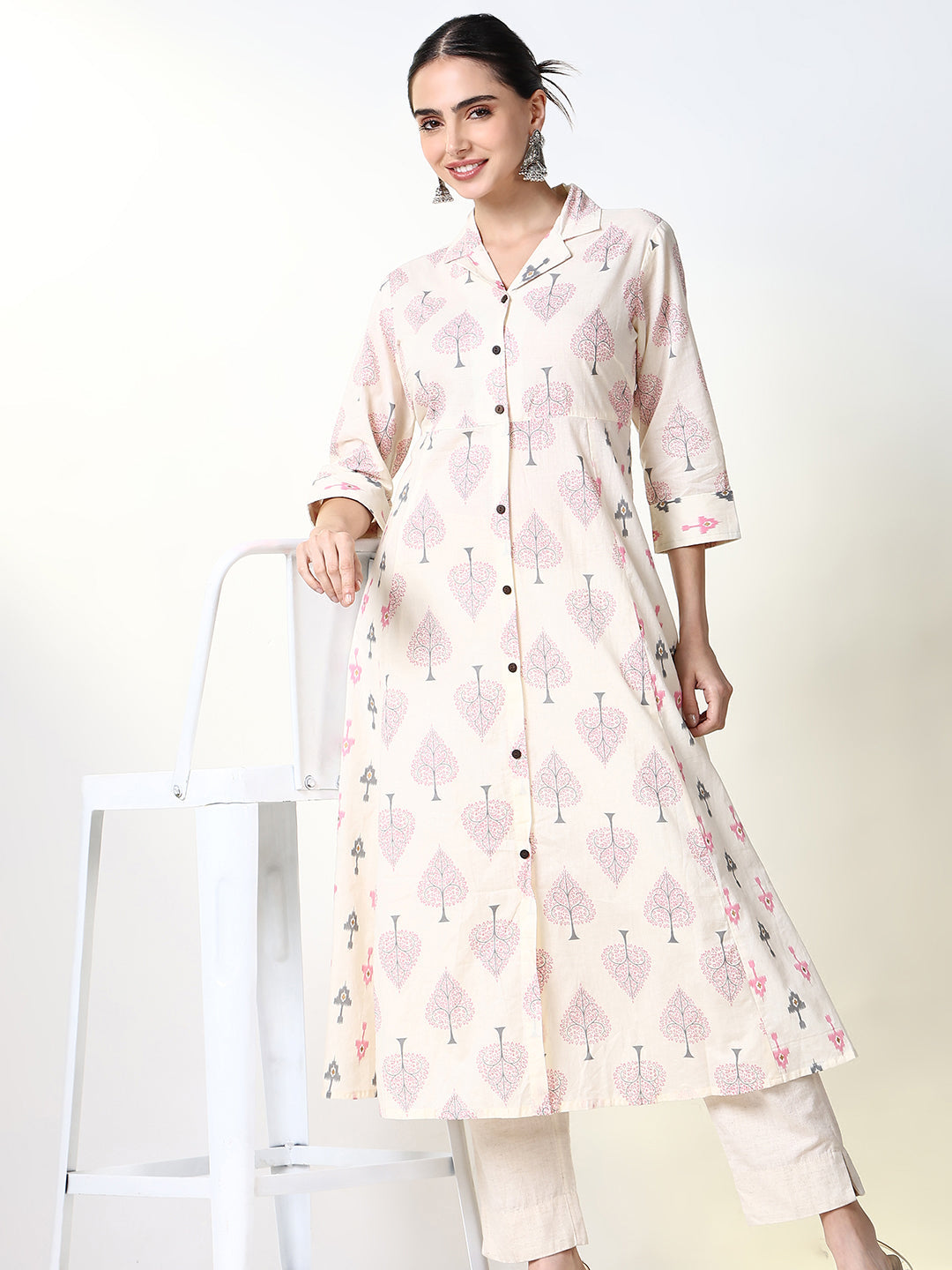 Women Cream Graphic A Line Kurta