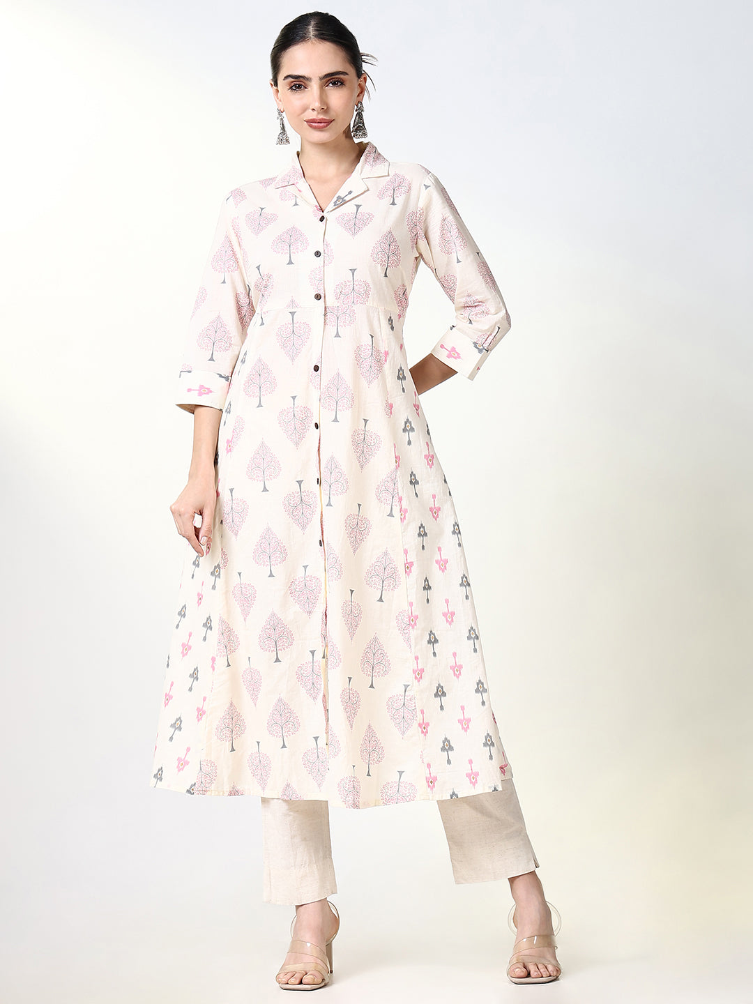 Women Cream Graphic A Line Kurta