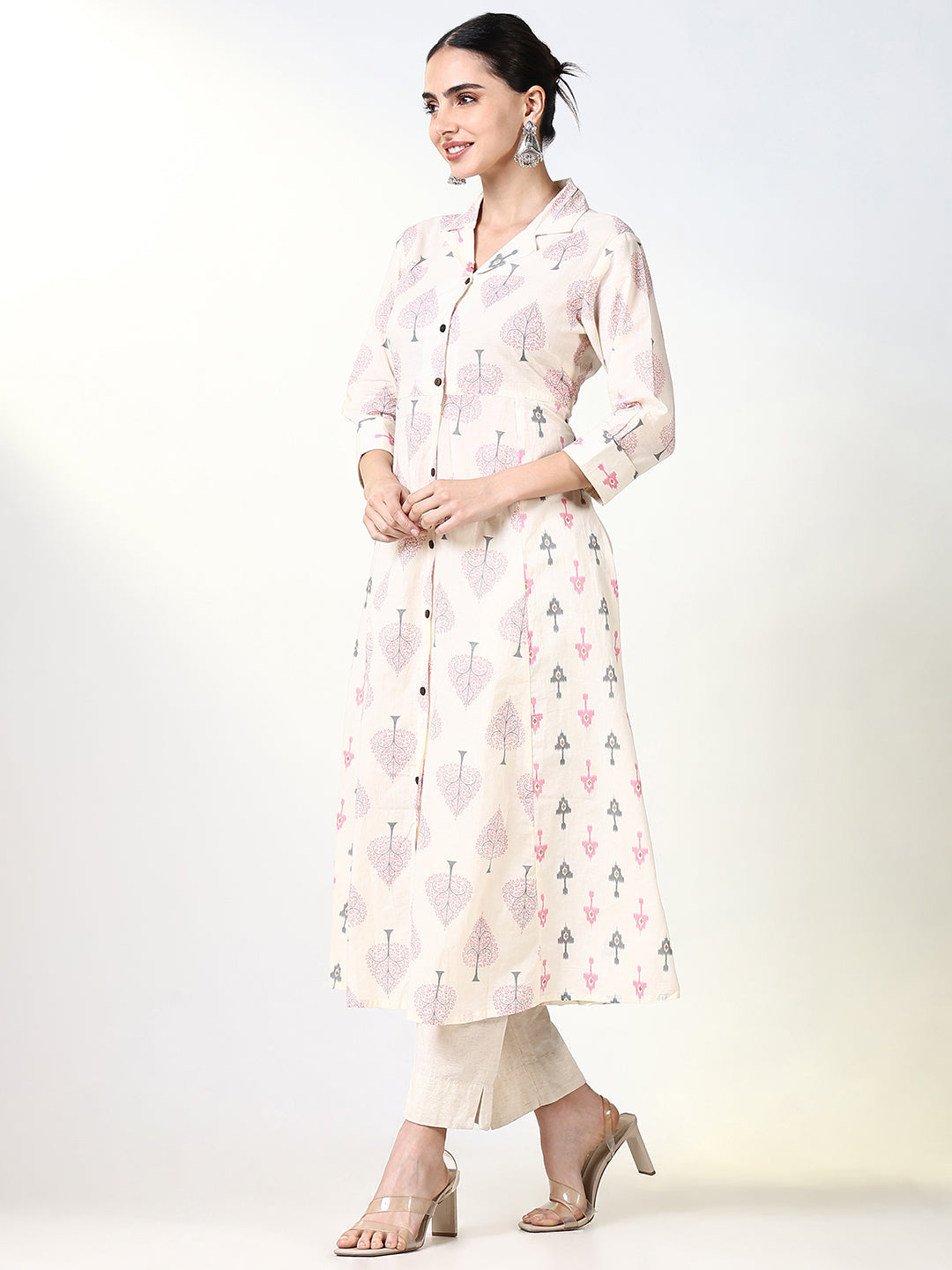 Women Cream Graphic A Line Kurta