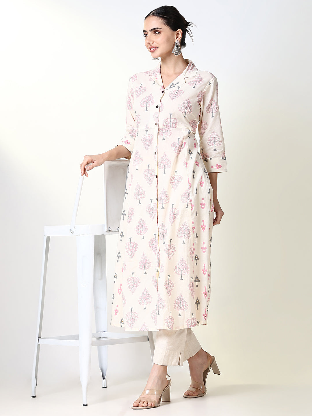 Women Cream Graphic A Line Kurta