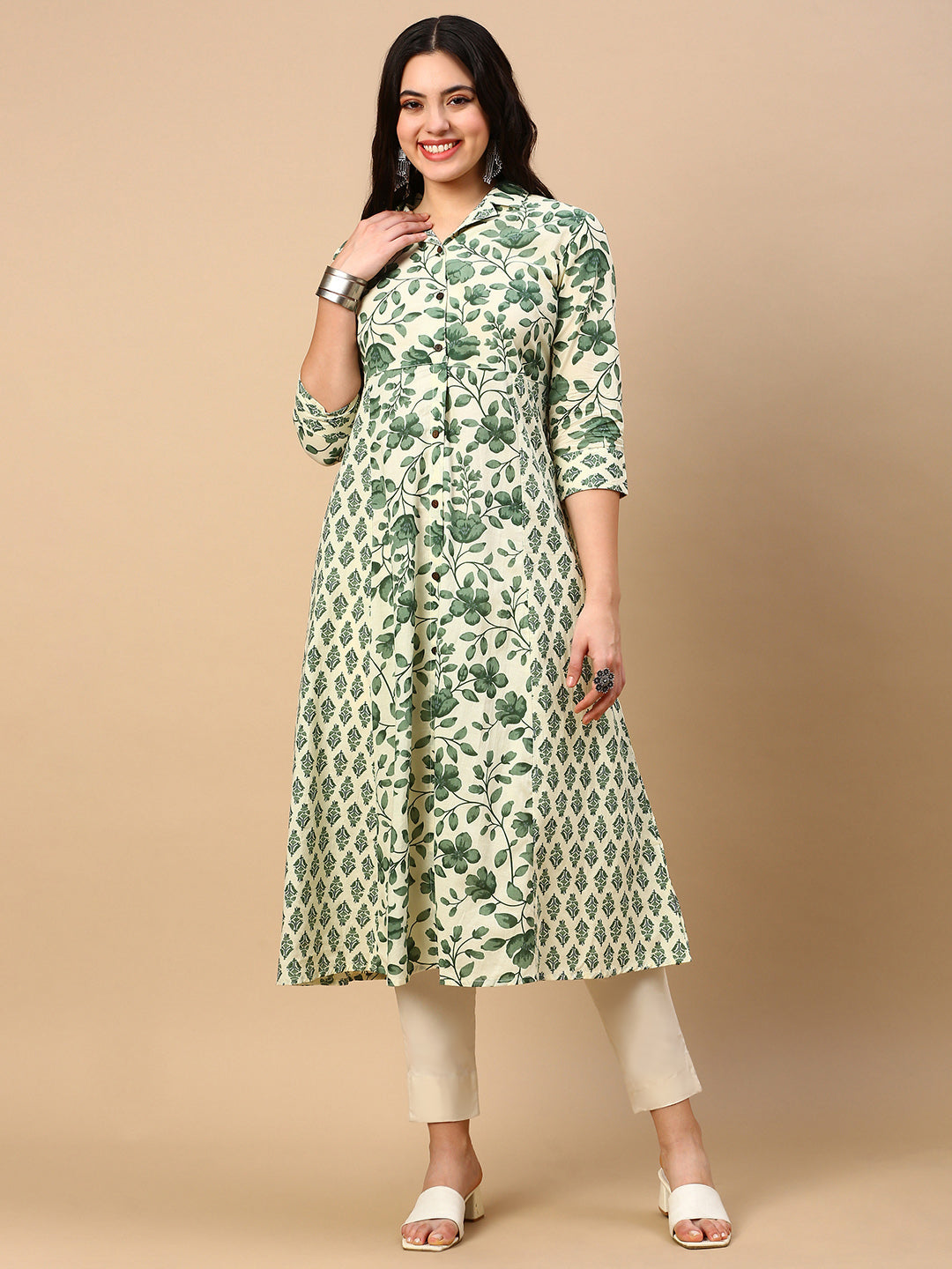 Women Green Floral A Line Kurta