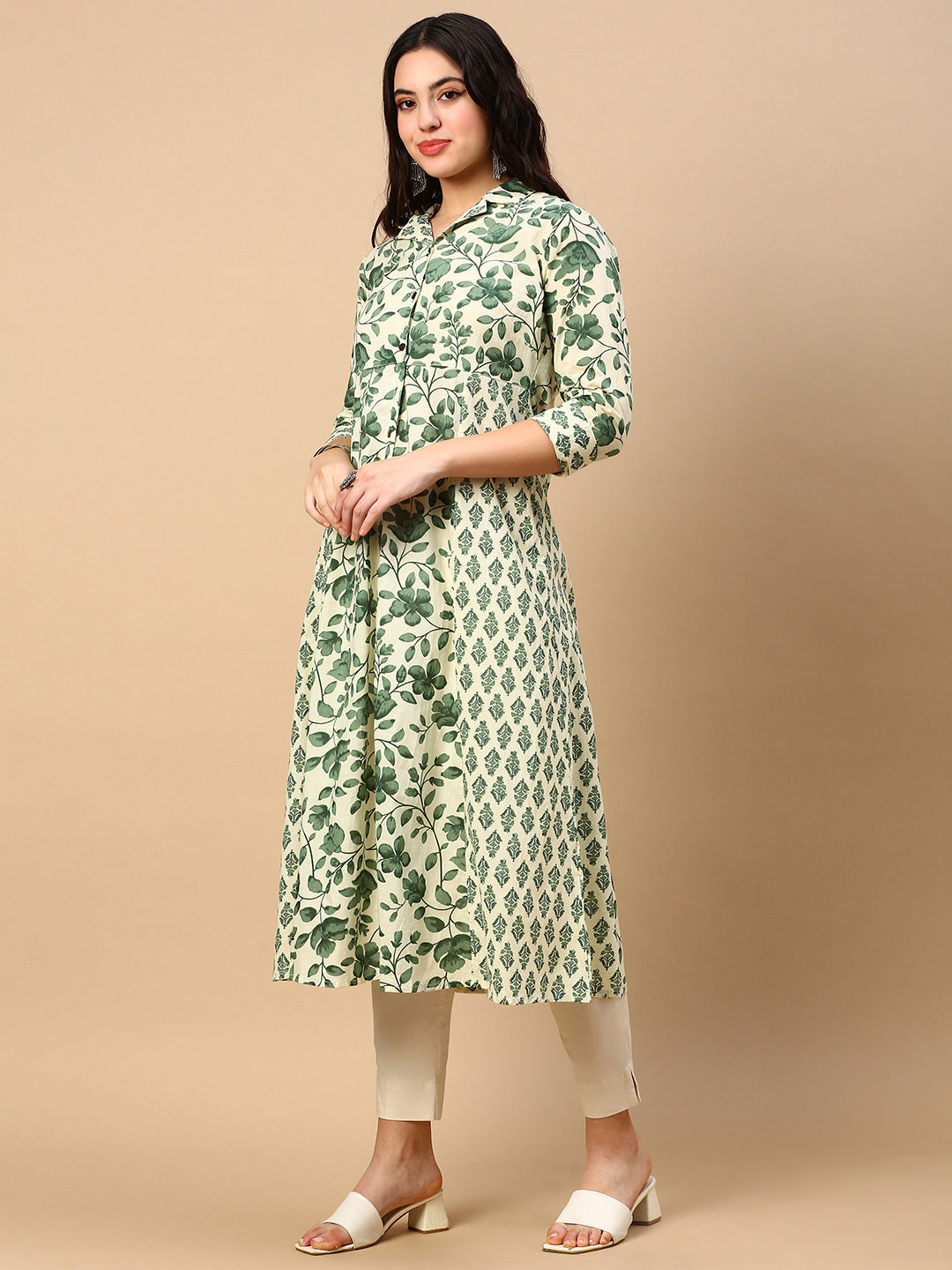 Women Green Floral A Line Kurta