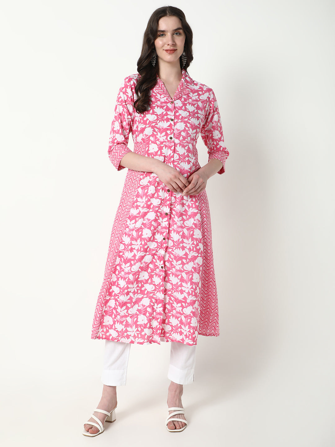 Women Pink Floral A-Line Kurta