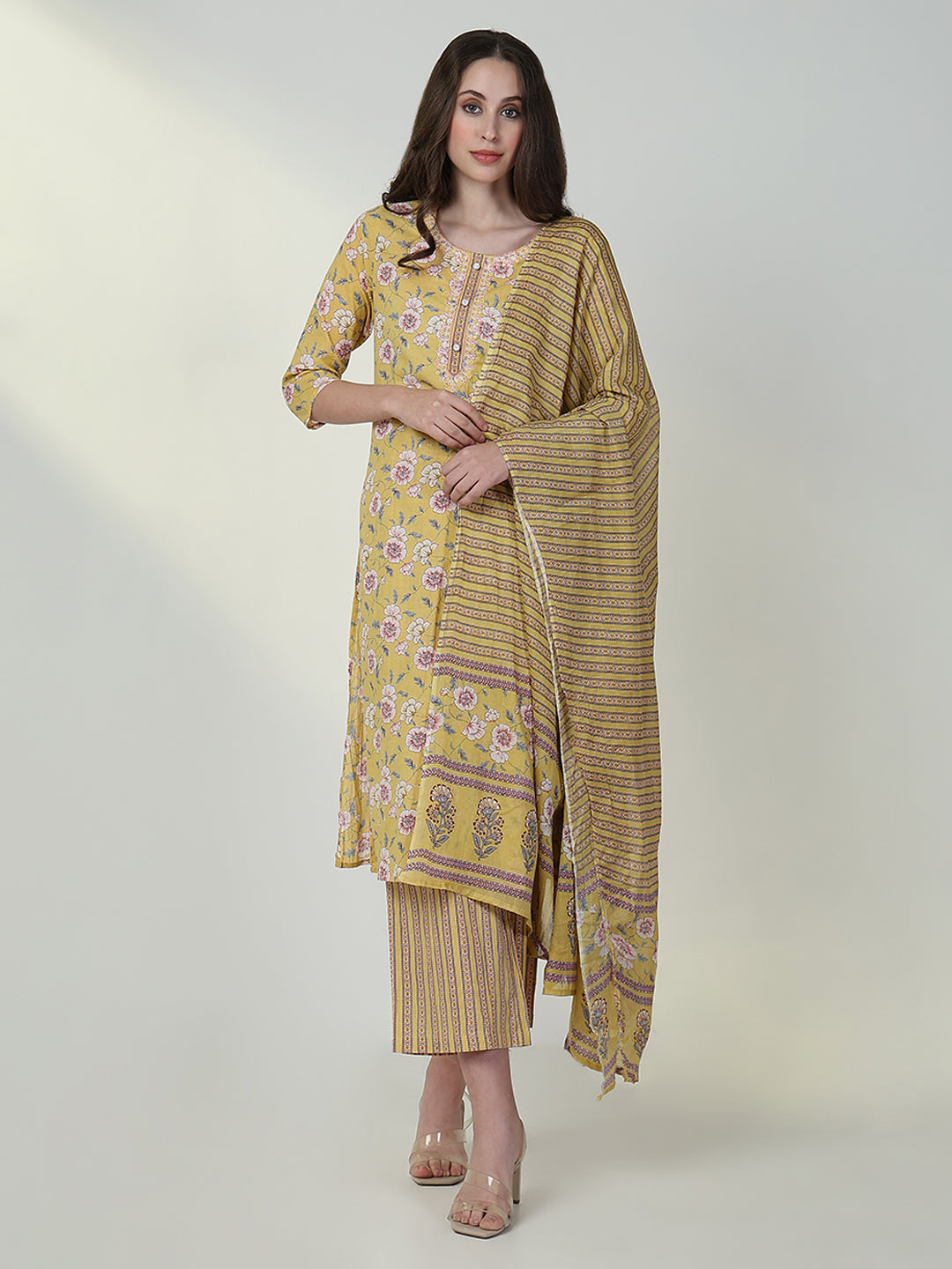 Women Floral Yellow Straight Kurta Set with Dupatta