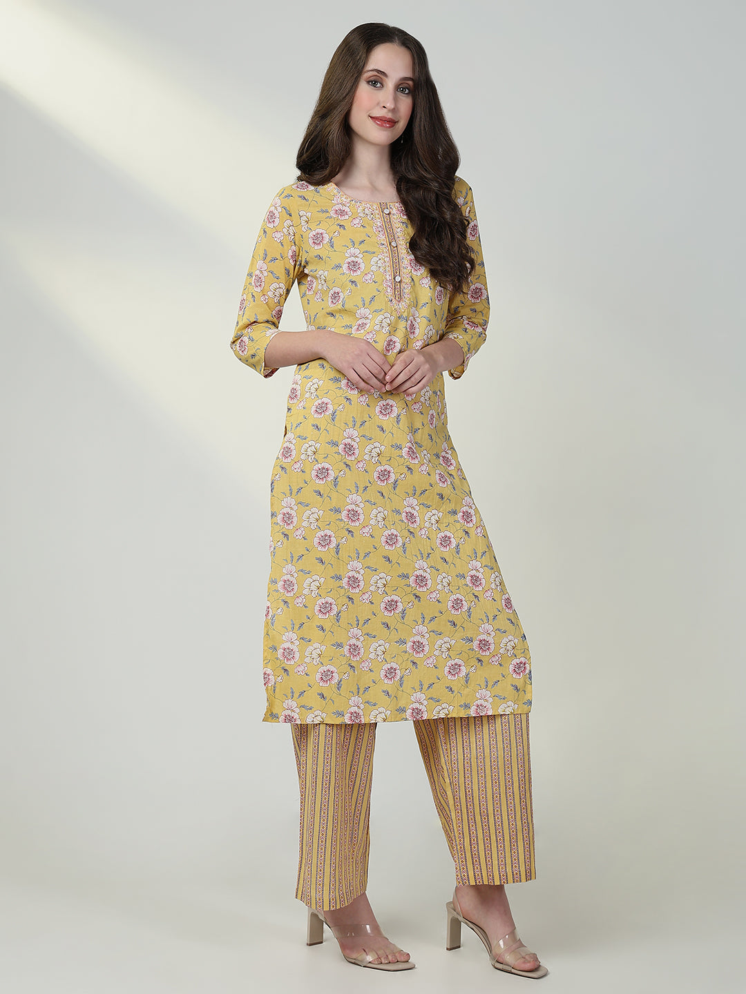 Women Floral Yellow Straight Kurta Set with Dupatta