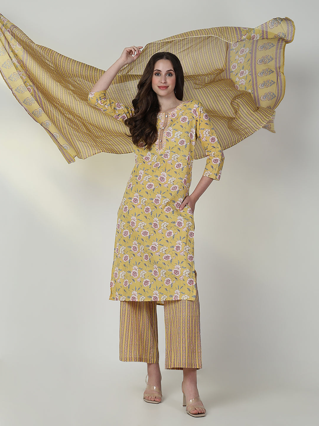 Women Floral Yellow Straight Kurta Set with Dupatta