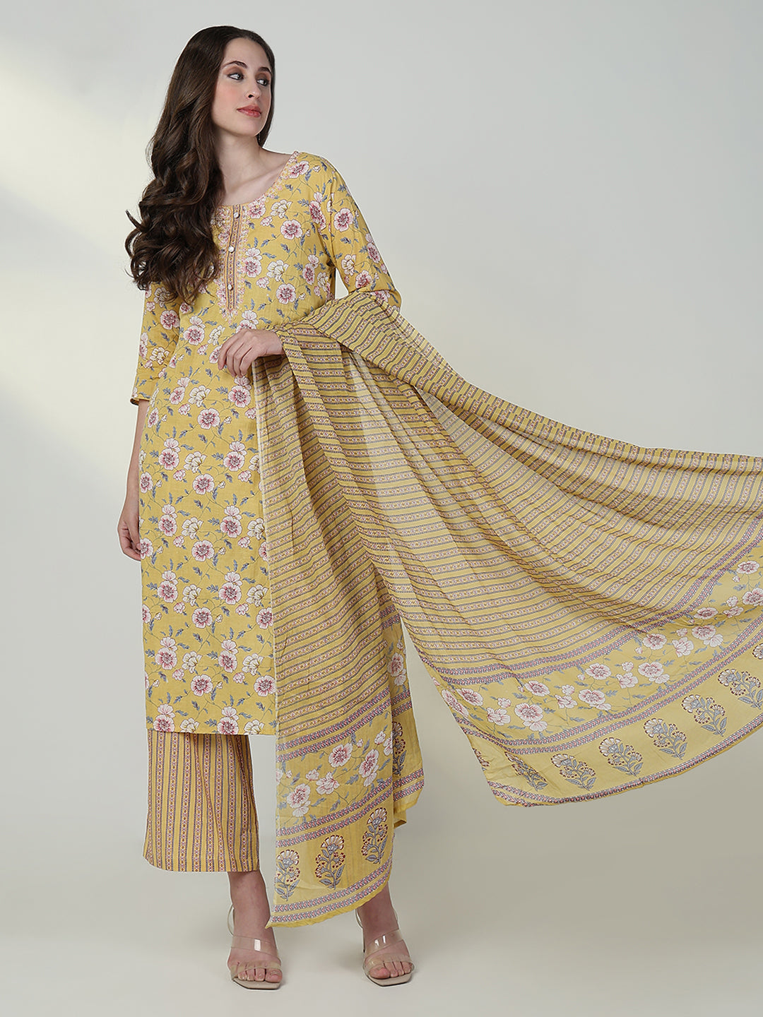 Women Floral Yellow Straight Kurta Set with Dupatta