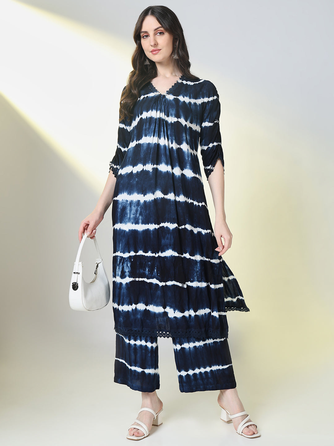 Women Blue Tie Dye A Line Kurta Set