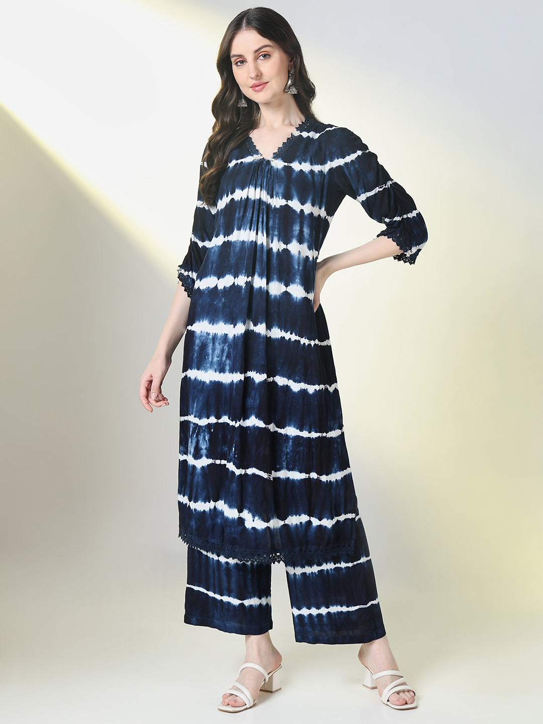 Women Blue Tie Dye A Line Kurta Set