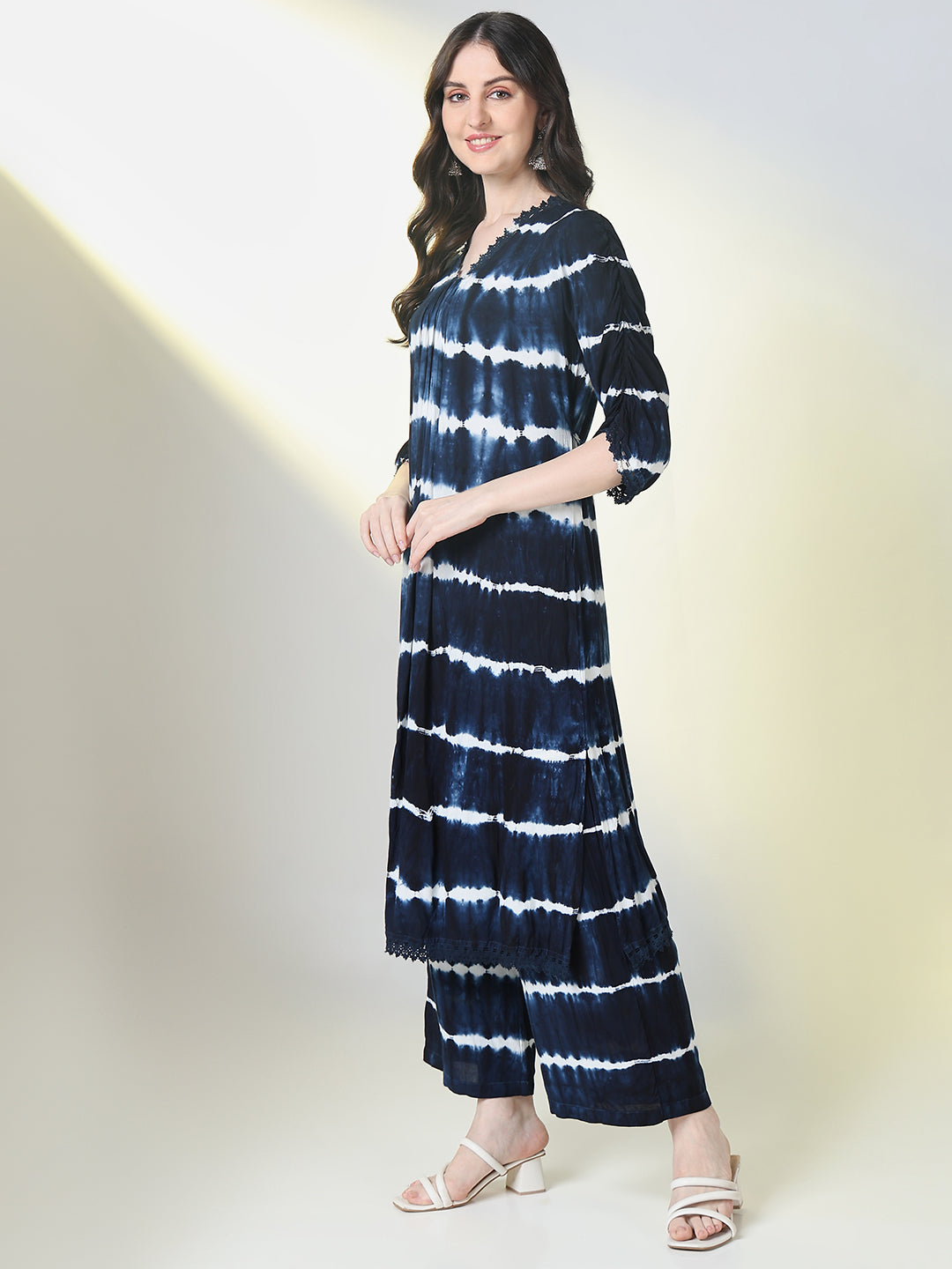 Women Blue Tie Dye A Line Kurta Set