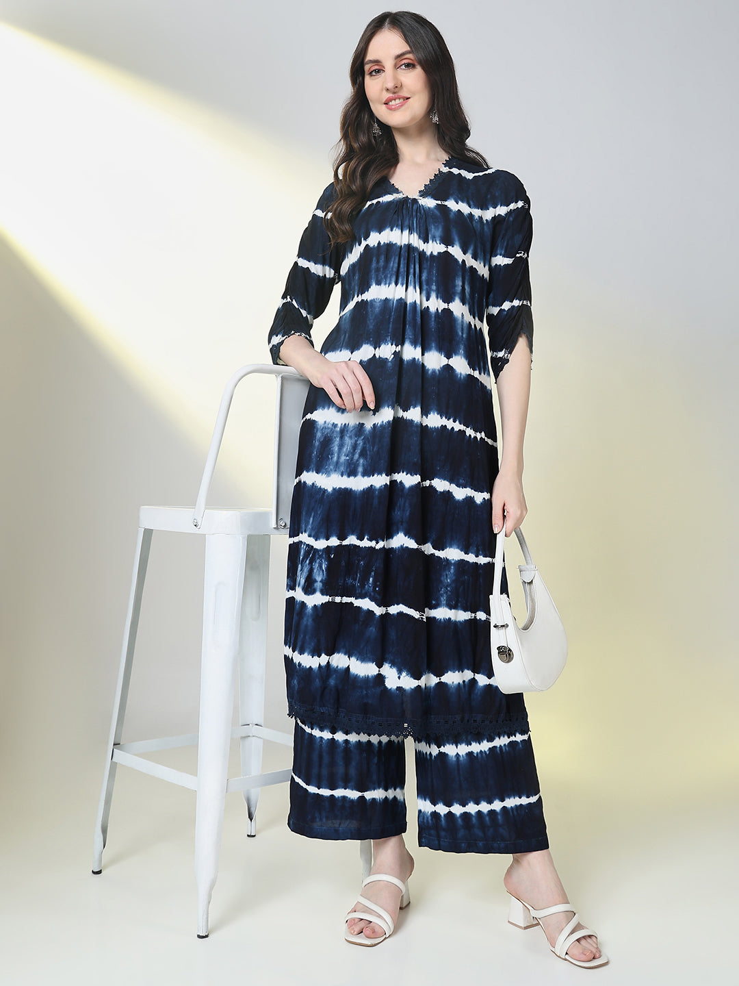 Women Blue Tie Dye A Line Kurta Set