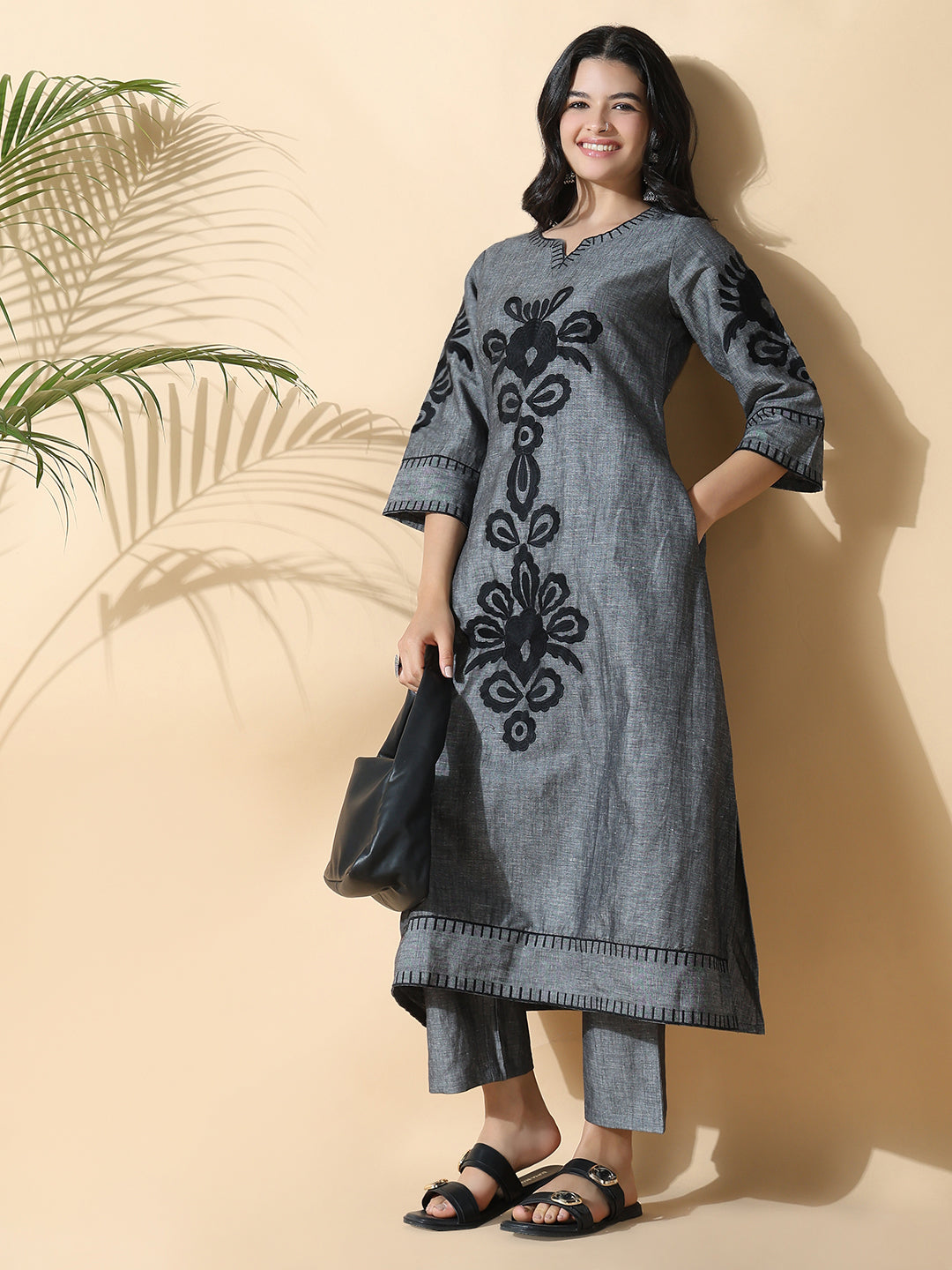 Women Floral A-Line Embroidered Grey Kurta Set