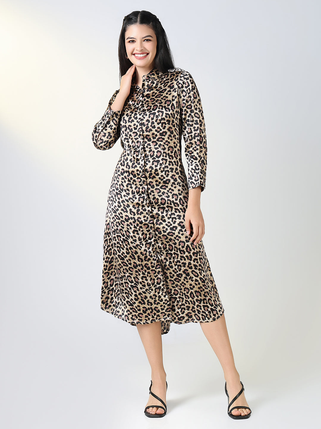 Women Brown Animal Print Shirt Dress