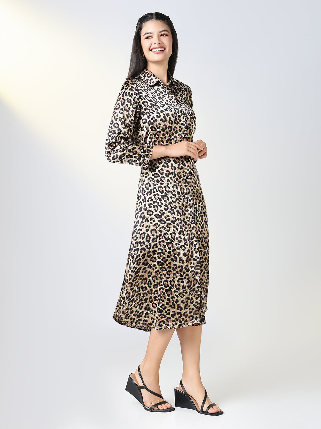 Women Brown Animal Print Shirt Dress