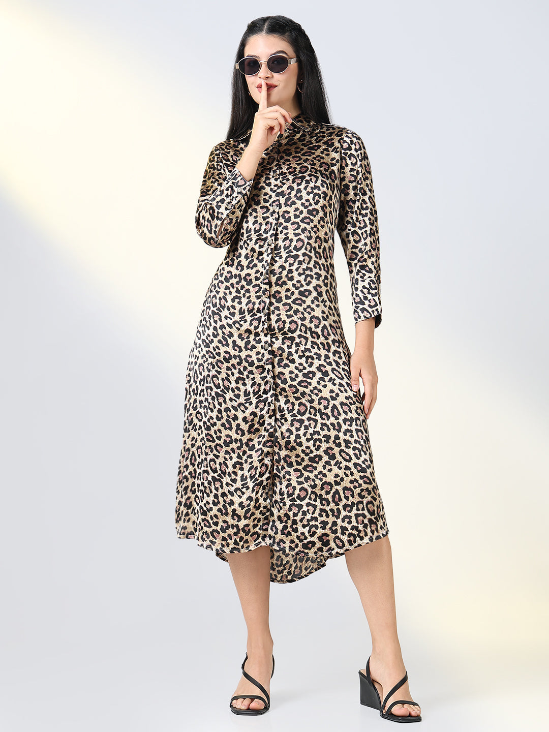 Women Brown Animal Print Shirt Dress