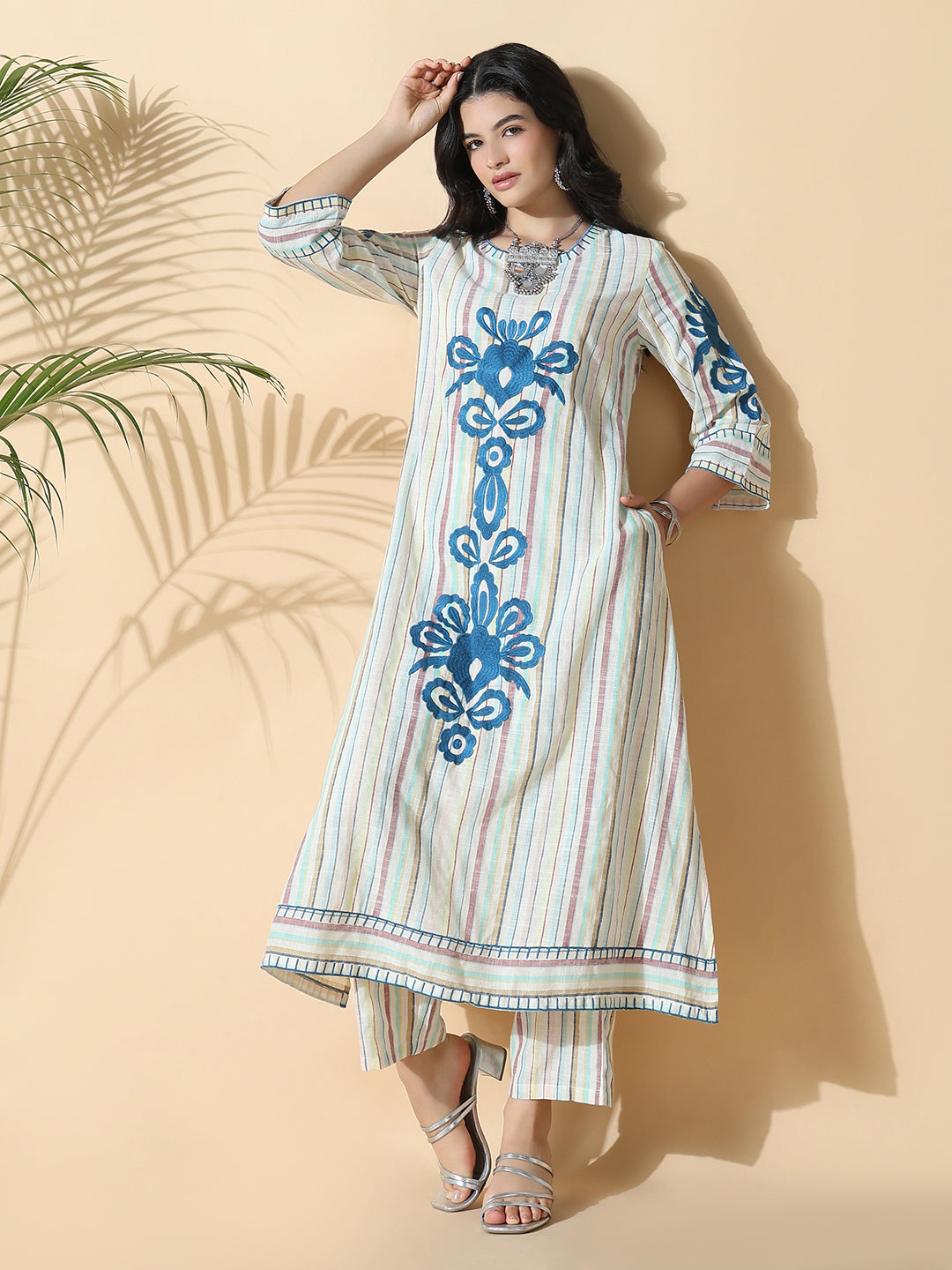 Women Striped A-Line Thread Work Off White Kurta Set