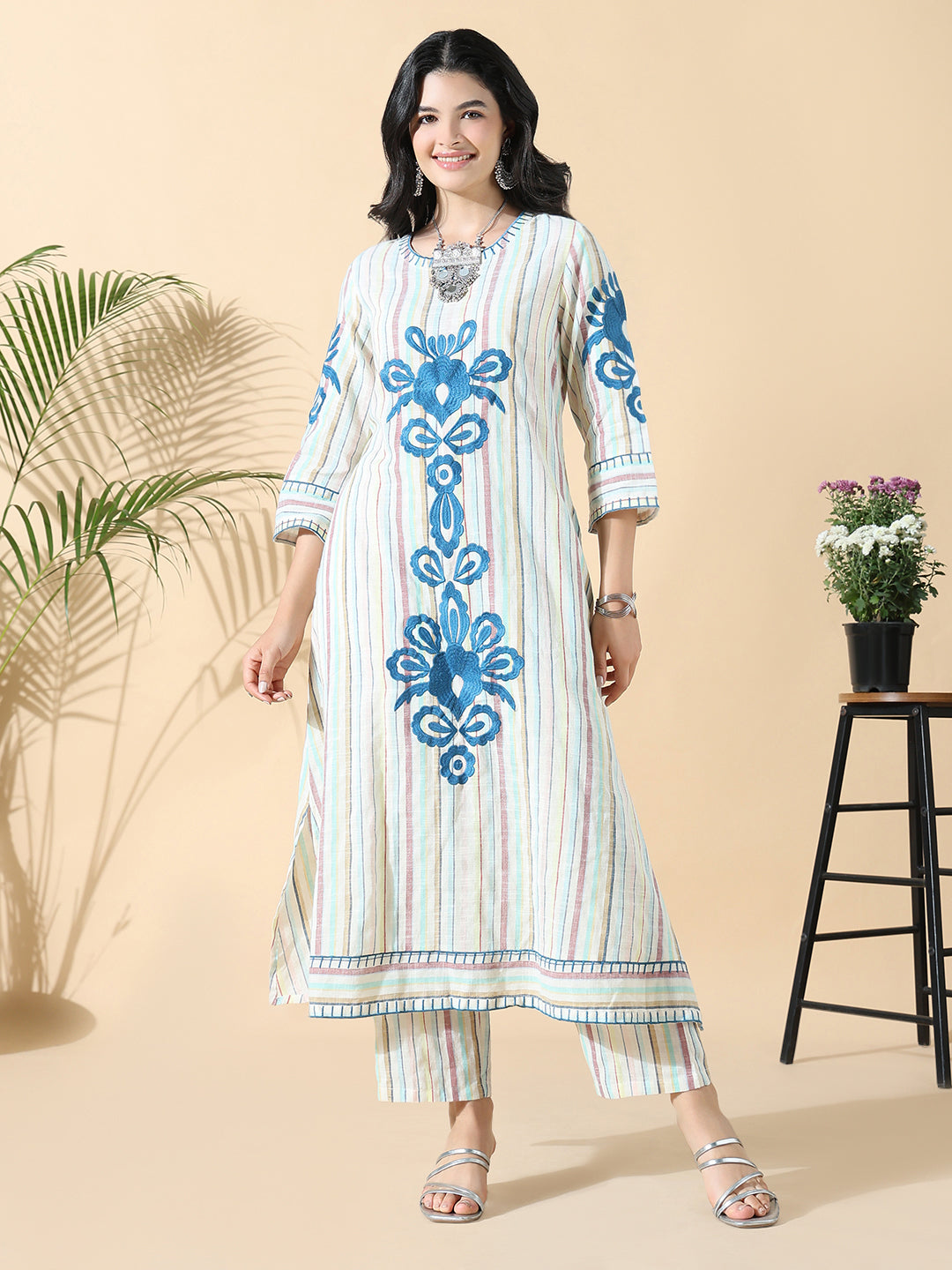 Women Striped A-Line Thread Work Off White Kurta Set