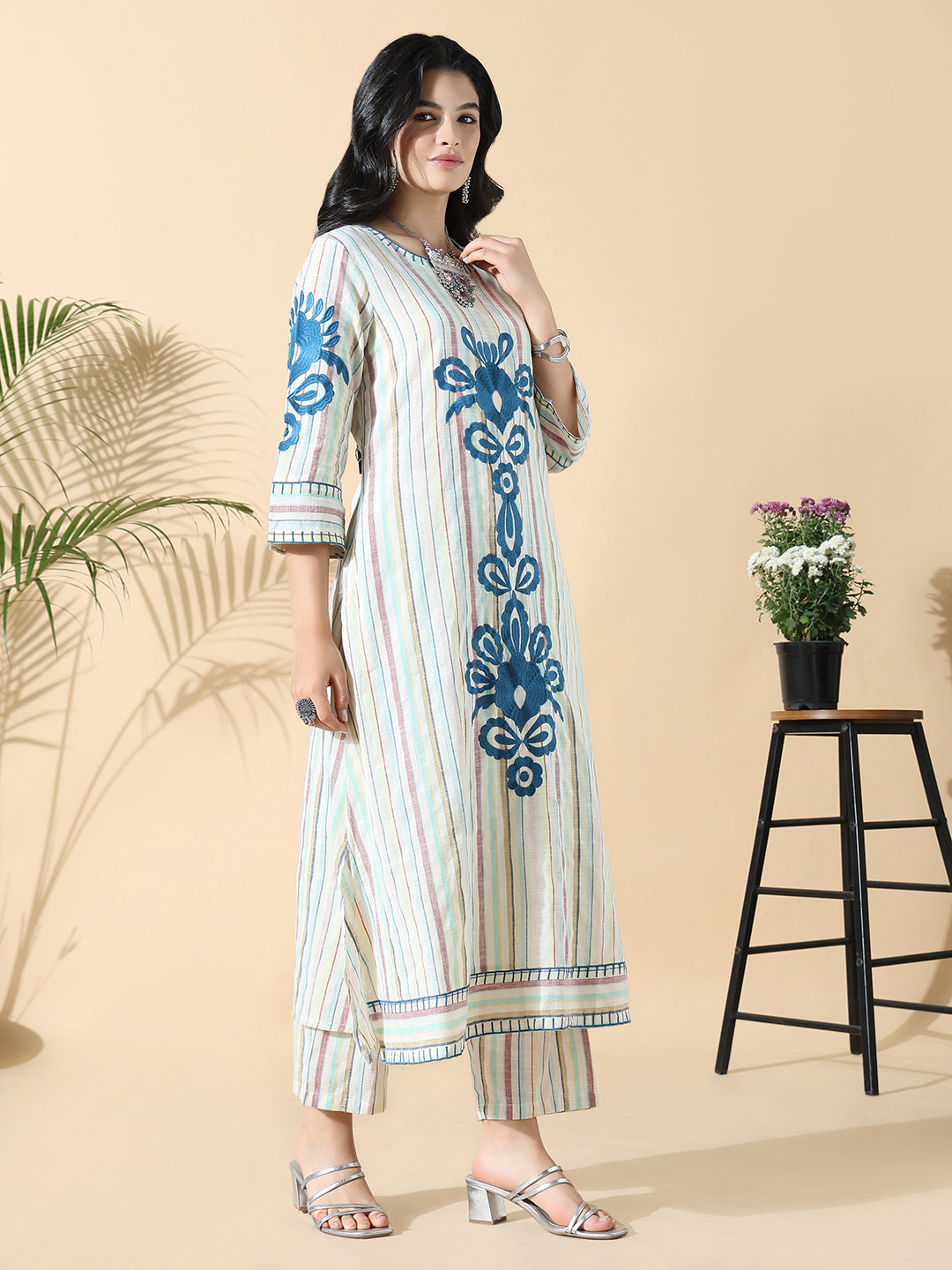 Women Striped A-Line Thread Work Off White Kurta Set