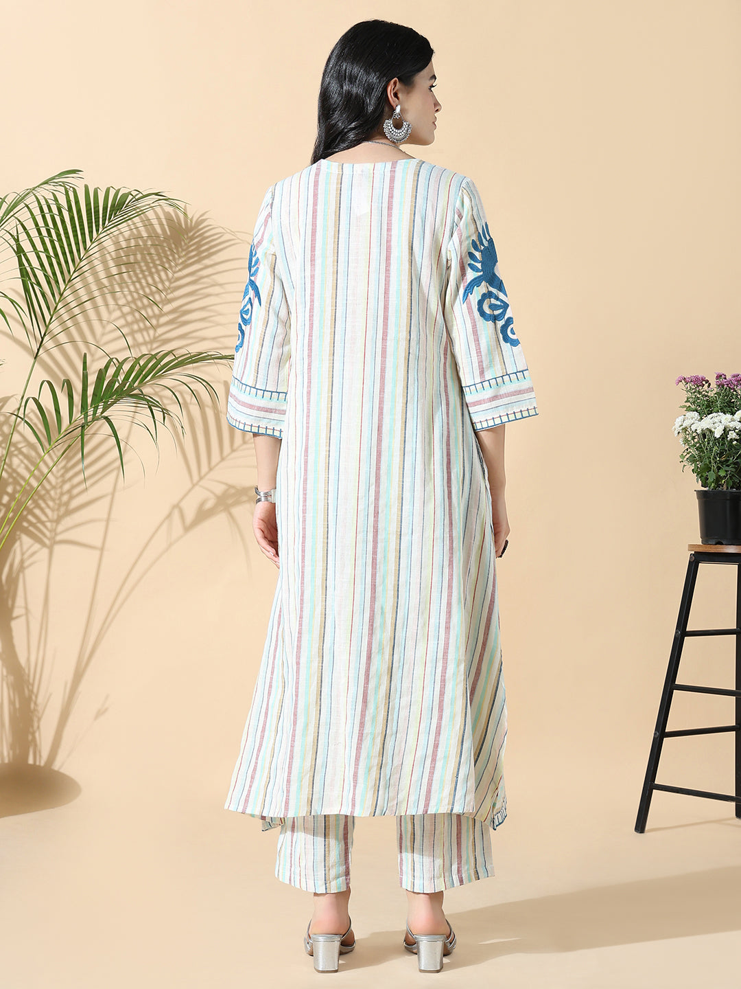 Women Striped A-Line Thread Work Off White Kurta Set