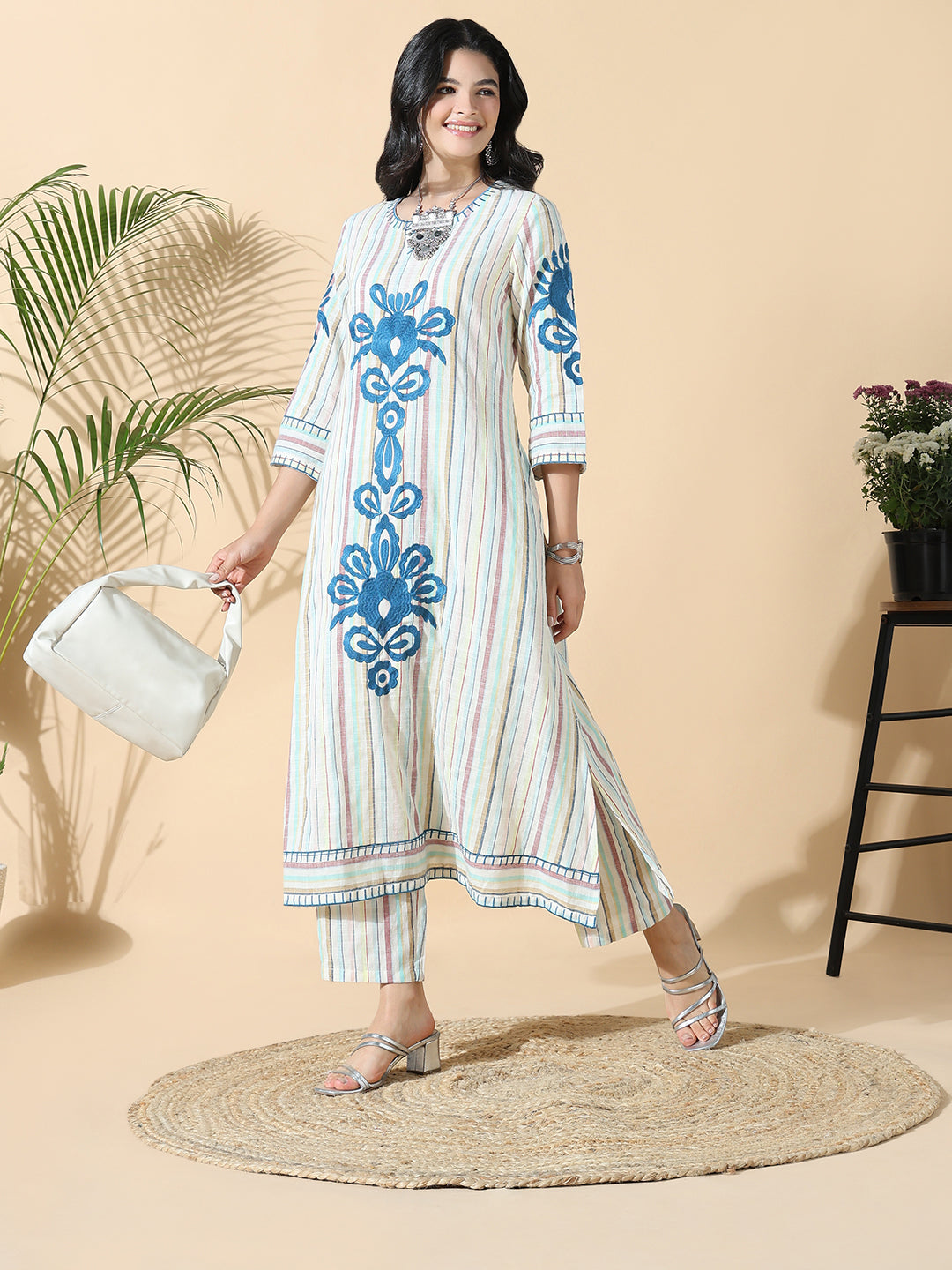 Women Striped A-Line Thread Work Off White Kurta Set